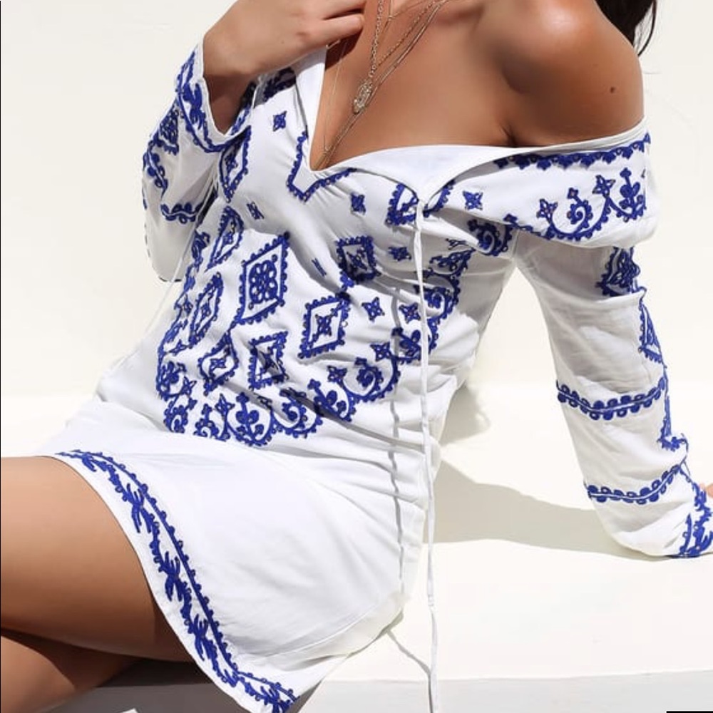 Royal Blue and White Embroidered Dress